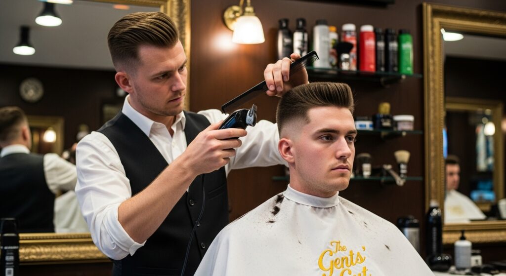 A barber is detaching a flat top haircut.