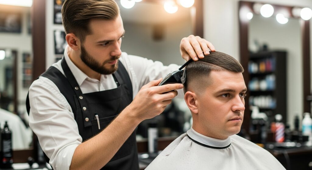 A barber is lining up a man’s hairline with clippers.