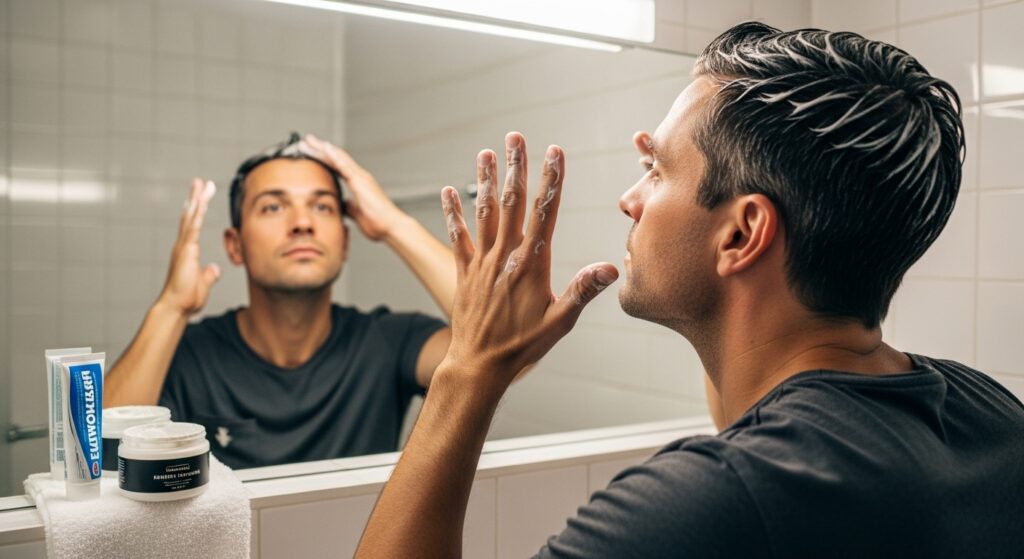 Man using deep conditioner for curly permed hair