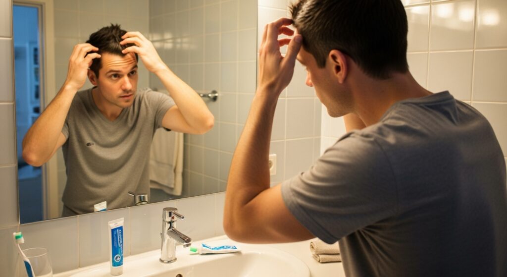 Man styling medium fade haircut with pomade.