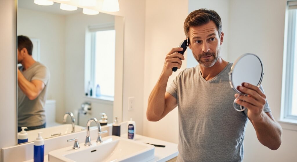 Man maintaining medium fade haircut at home.