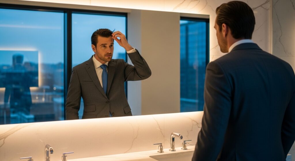 A man in a business suit adjusting his hair in the mirror.
