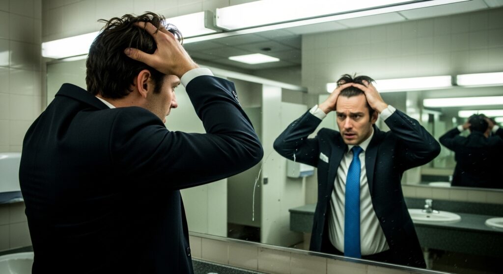 professional man checking hair in mirror before interview