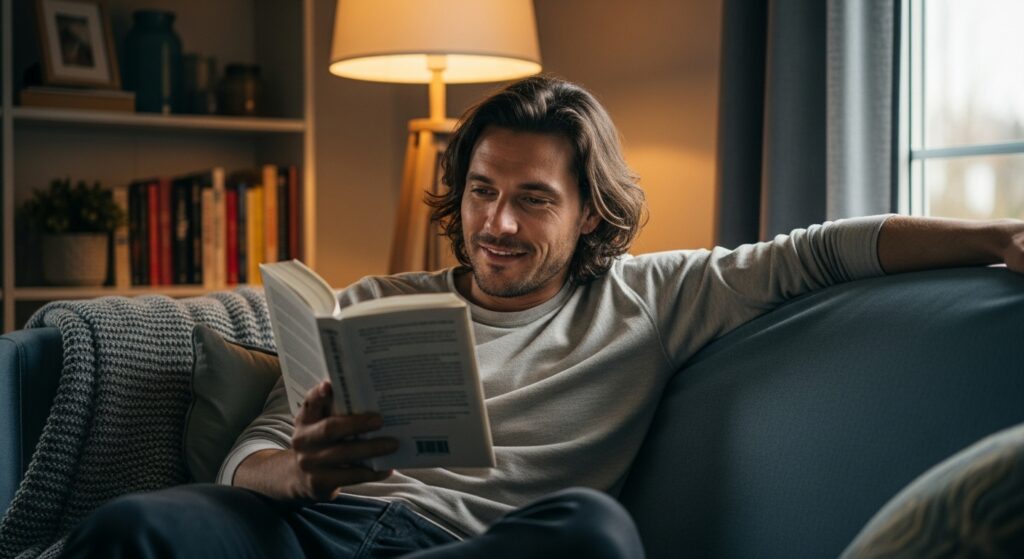 Man relaxing with loose curls after a perm