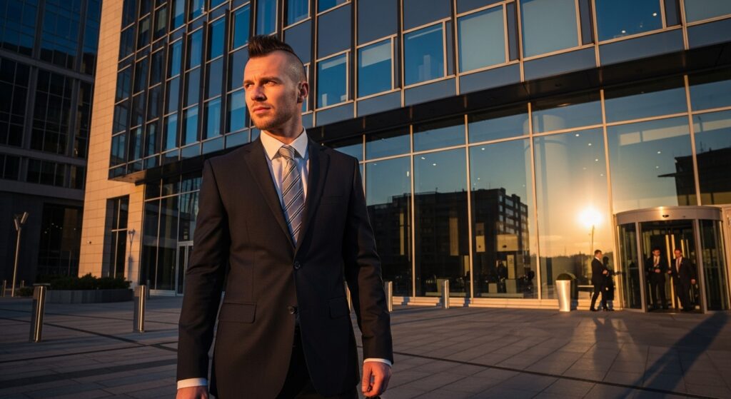 man with mohawk in business suit outside office