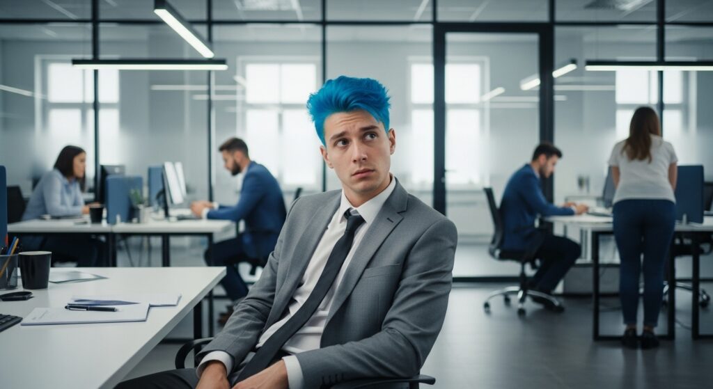 man with neon colored hair sitting in a corporate office