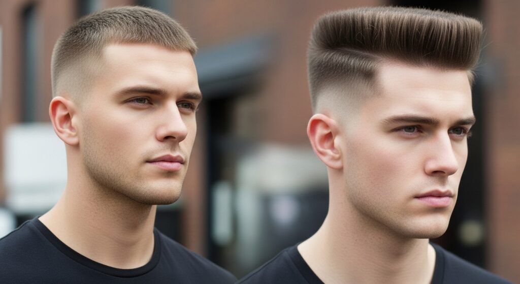 Buzz cut compared with flat top haircut.