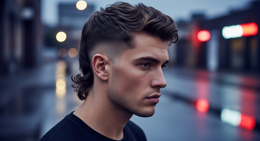 "Modern mullet fade haircut with 70s influence”)