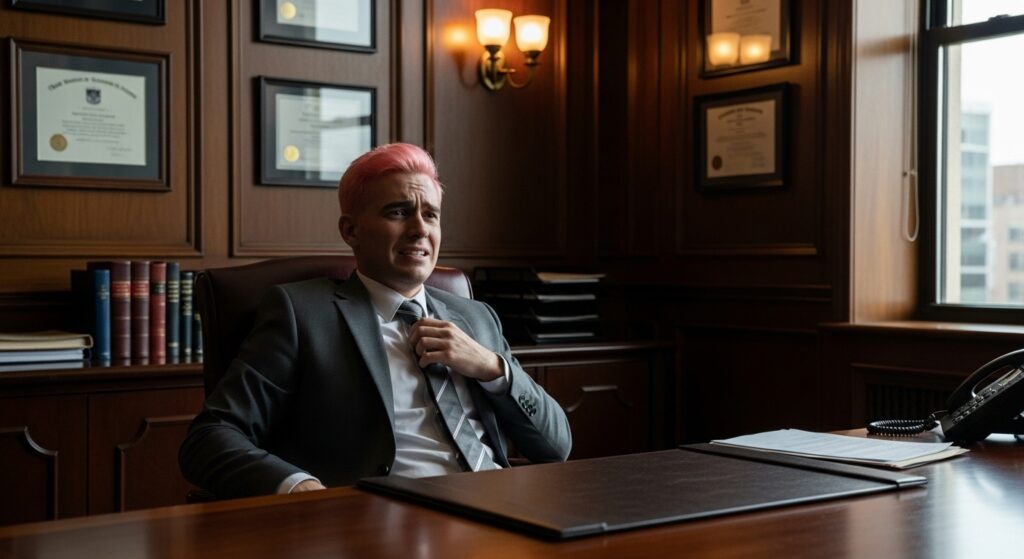 Man with neon-colored hair sitting in corporate office.