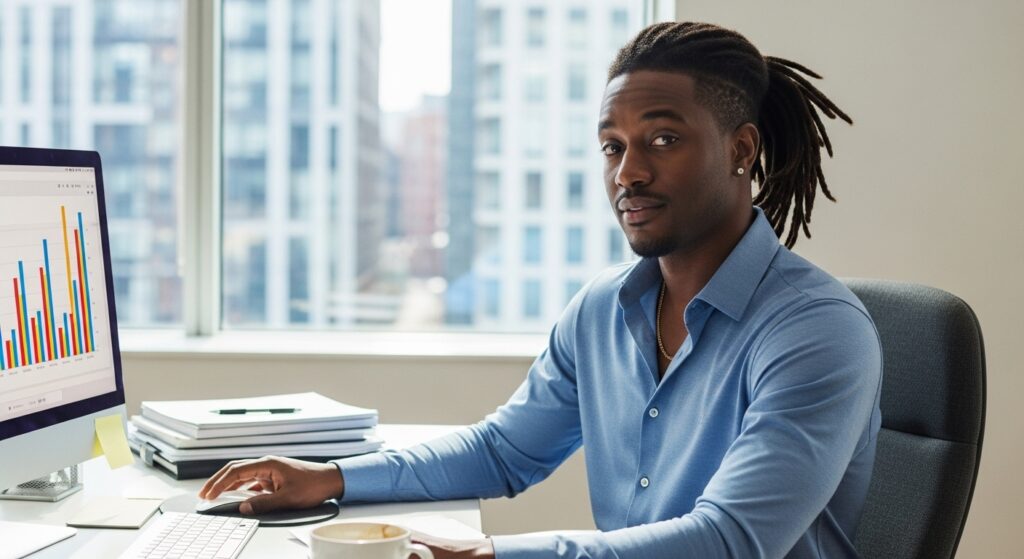 Professional man with dreadlocks at the workplace.