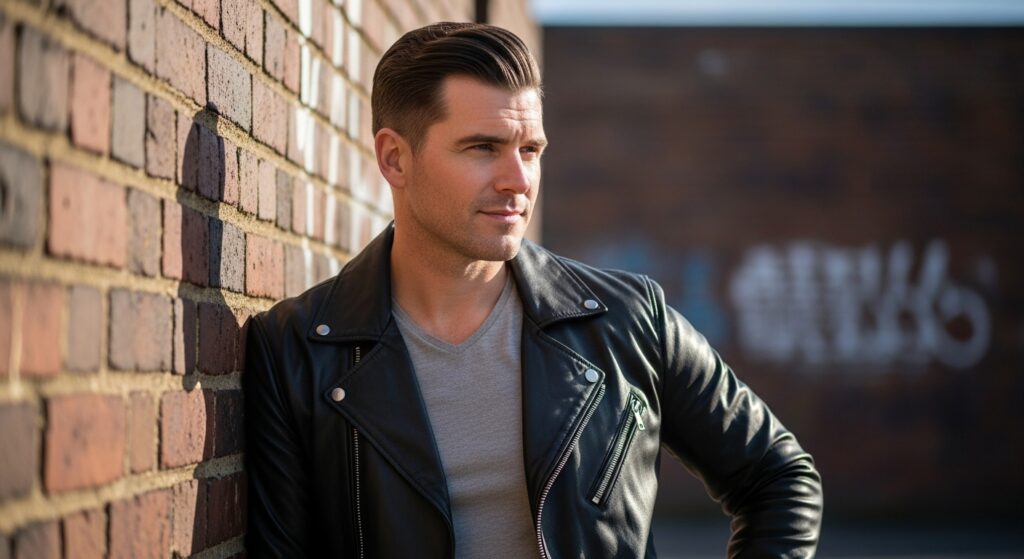 Medium side swept undercut with sharp sides in men’s hairstyle.