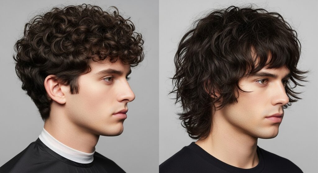 A photo side by side of curly hair with straight blunt cut vs. layered wolf cut.
Alt tag: “Curly hair changed into layered wolf cut style”