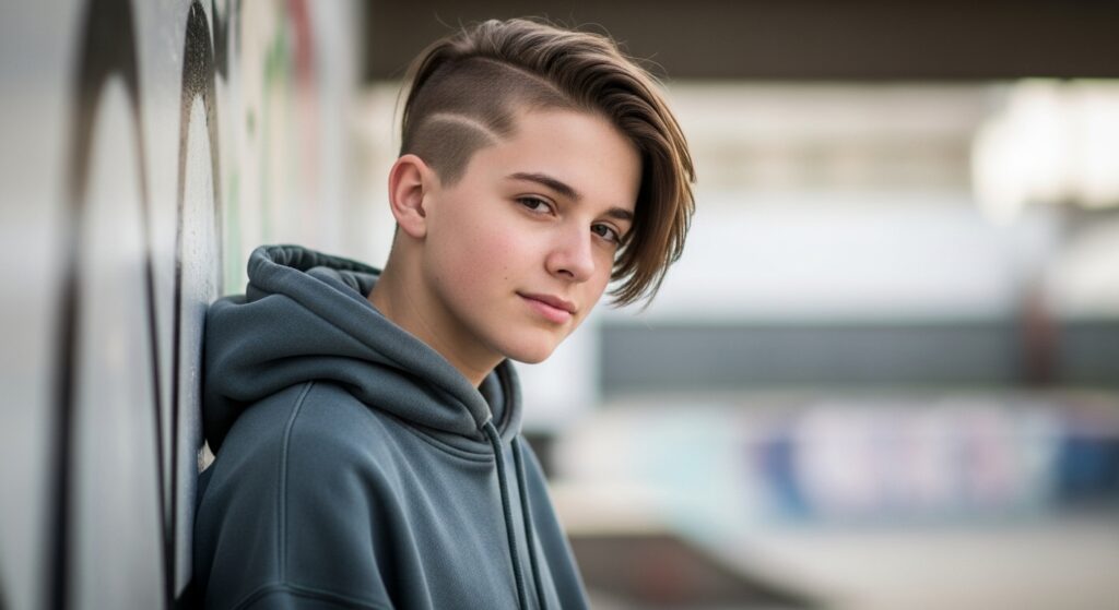 Boy with medium side swept hairstyle and undercut
