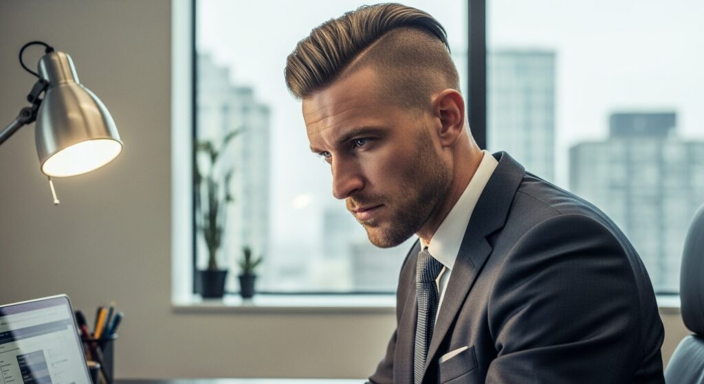 A man in a suit with a contemporary and formal Viking satisfying the needs of the office environment.