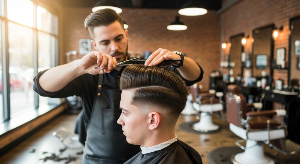 Barber shaping ice cream scoop haircut.