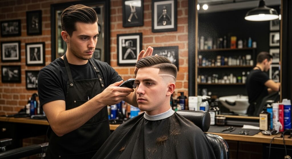 Barber shaping a mid fade haircut