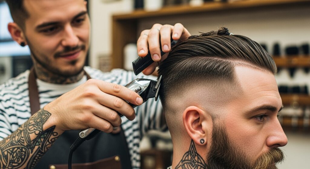 Barber giving a client a Viking-inspired haircut with fade.