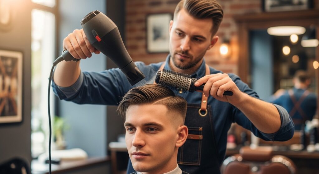 Barber styling men’s side part undercut haircut with blow dryer.