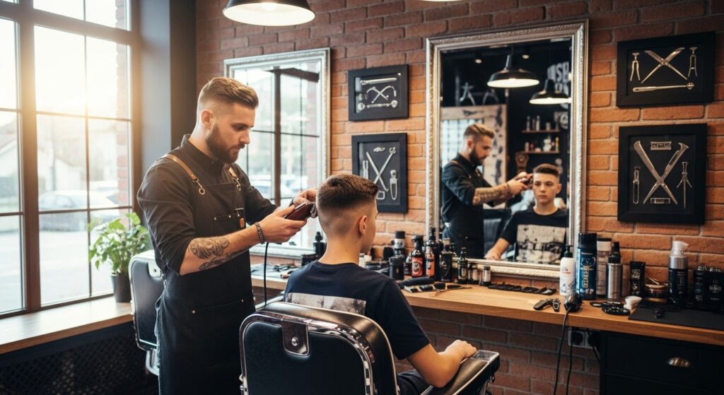 barber giving teen boy haircut 2025