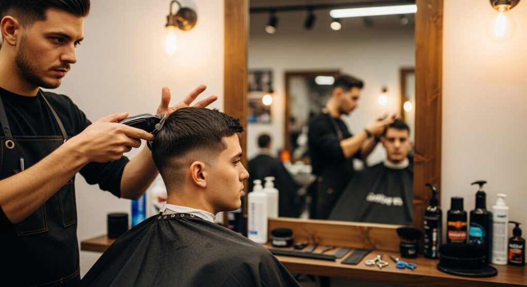 Barber tidying the fringe with clippers on a client.
Alt text: "Barber trimming textured crop fringe for maintenance."