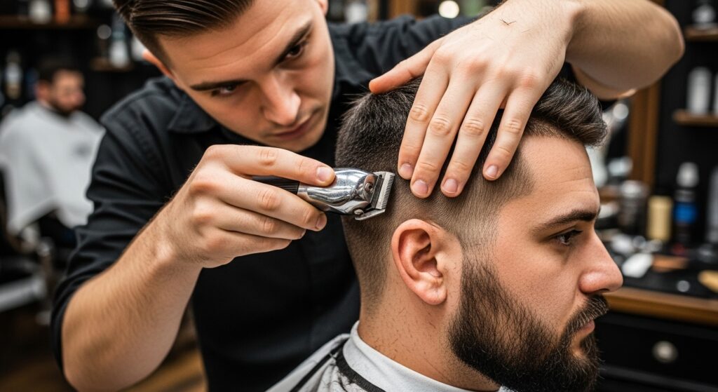 Barber shaping the temple area with trimmers.