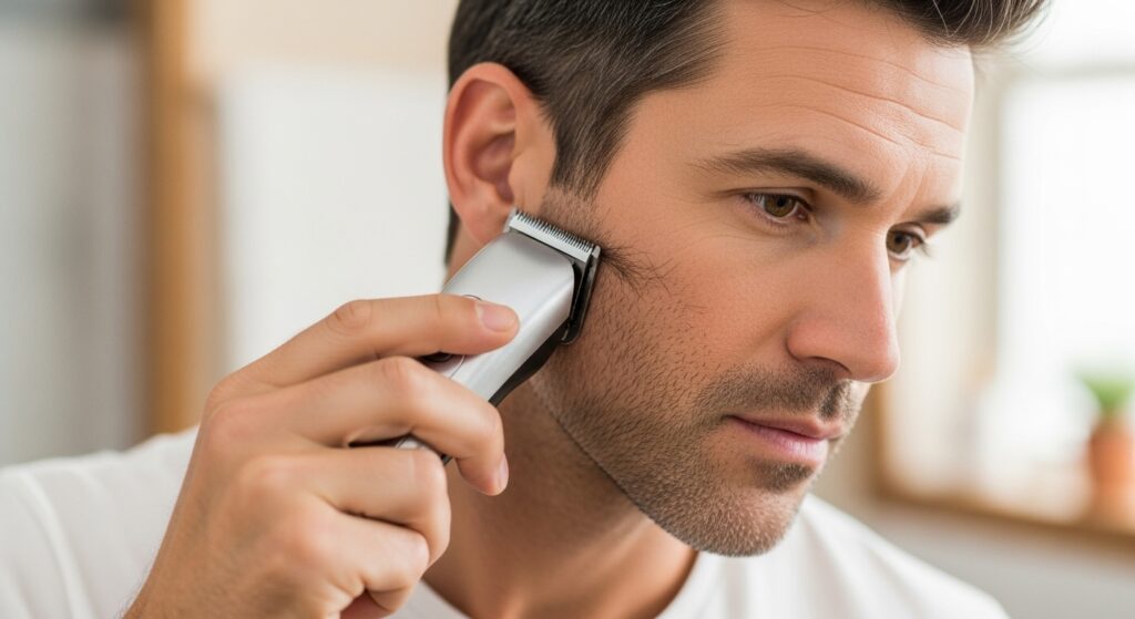 Man cleaning up sideburn edges with trimmer.