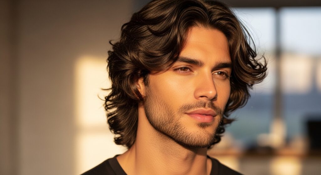 Close-up of a man with shoulder length curls styled in a layered wolf cut.