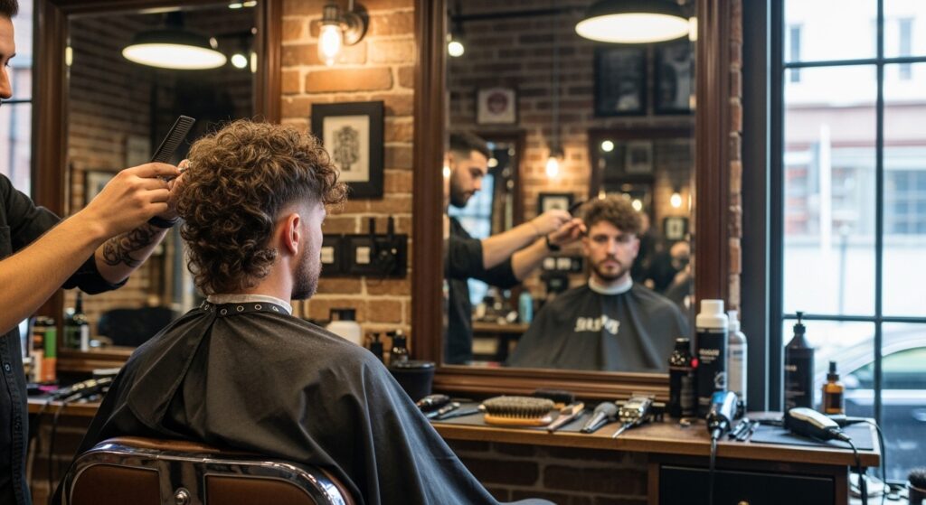 Curly wolf cut men sitting in a barber chair mid-cut. Alt tag: "Men’s curly wolf cut haircut in progress at barber shop"