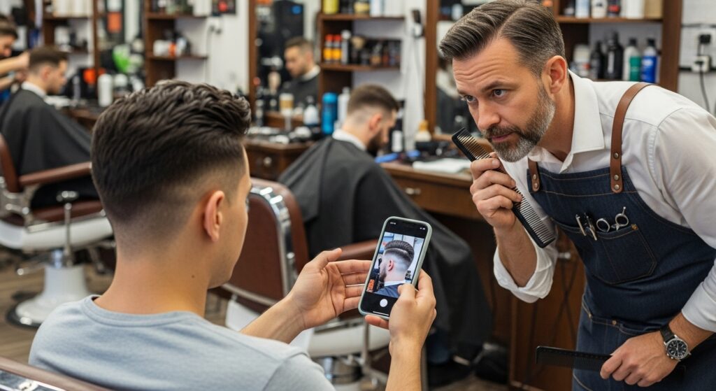 Man showing a photo of a Viking haircut to the barber for reference.