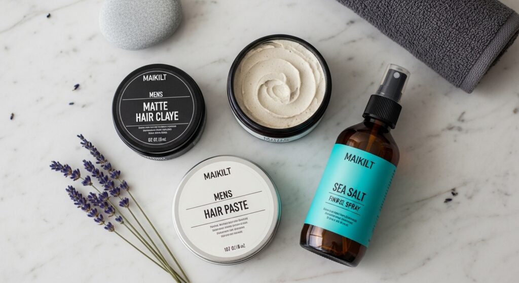 Image idea: Flat lay of hair products (clay, paste, sea salt spray) on a bathroom counter.
Alt text: "Styling products for men’s textured crop including clay and sea salt spray."