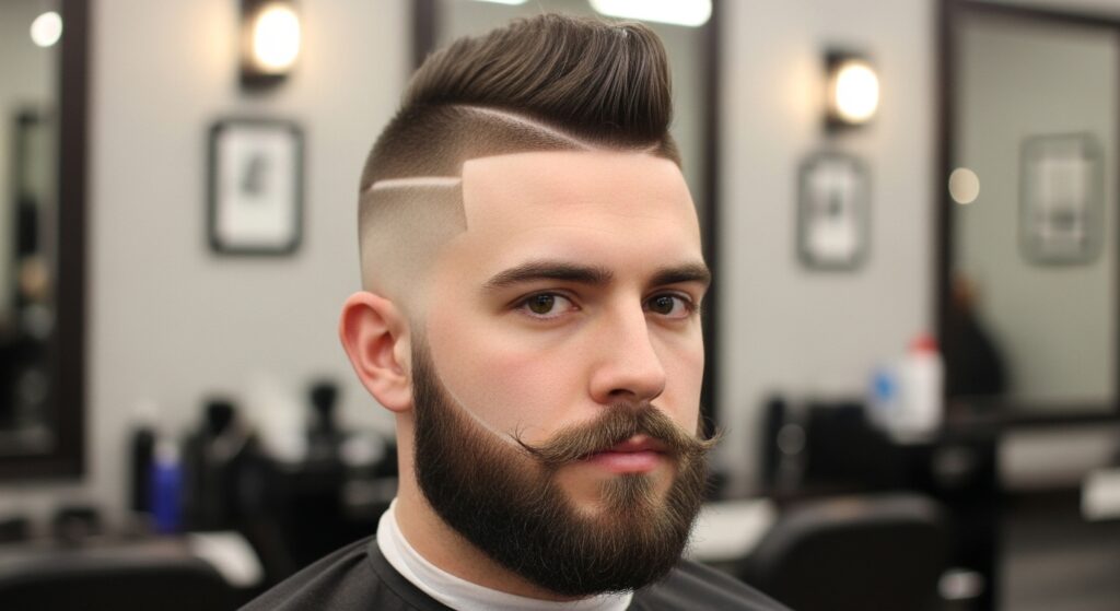 faux hawk taper fade with beard style.