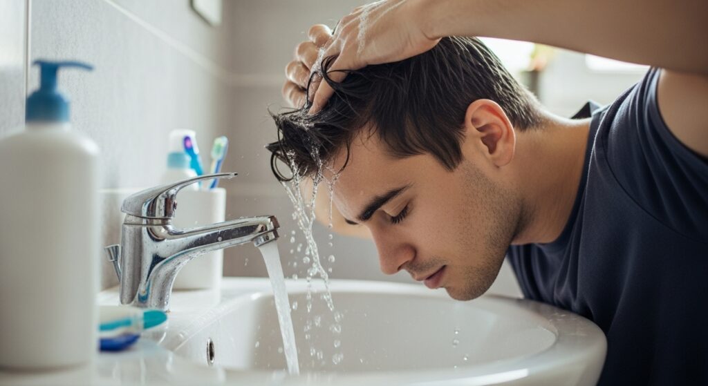 Image idea: Guy rinsing hair in the sink, casual at-home setting.
Alt text: "Man rinsing short hair at home for easy maintenance."