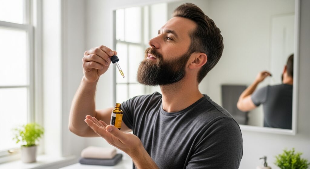 Man grooming beard to match medium fade haircut.