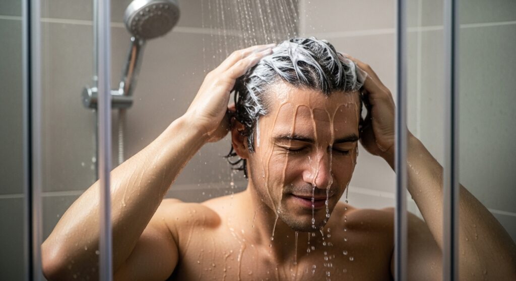 Image idea: Man applying conditioner in the shower.
Alt text: "Man conditioning short hair to maintain healthy textured crop."