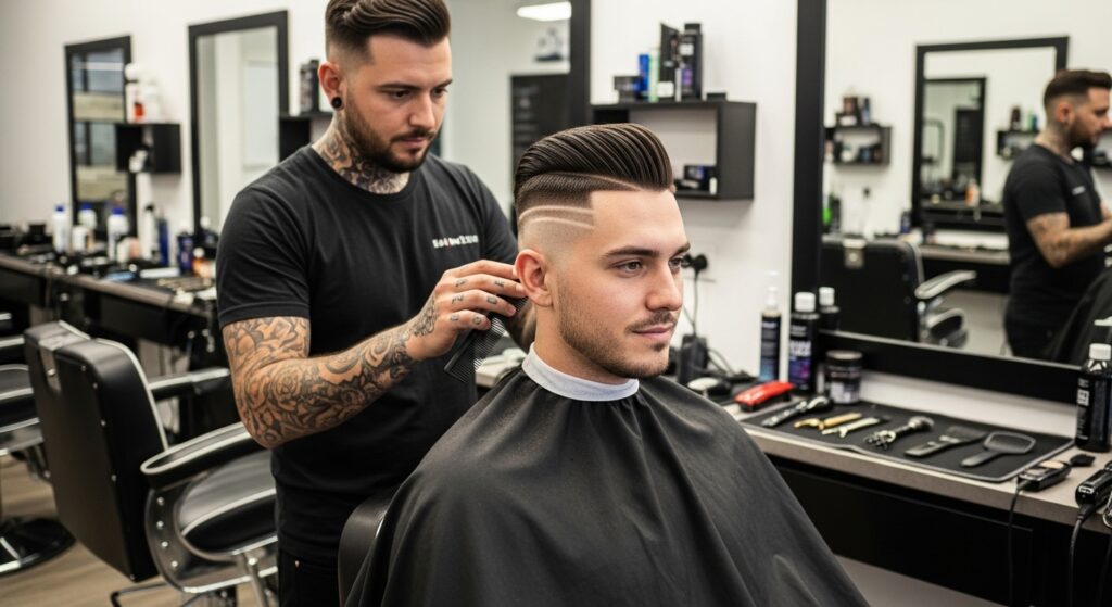 high fade faux hawk haircut with barber styling.