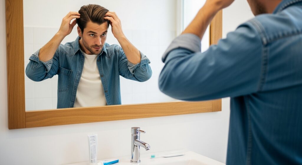 man styling middle part haircut in bathroom mirror