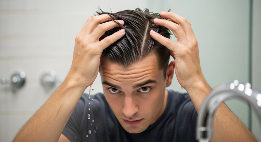man fixing messy middle part haircut with hands