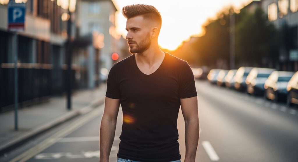 low taper fade faux hawk haircut casual style.