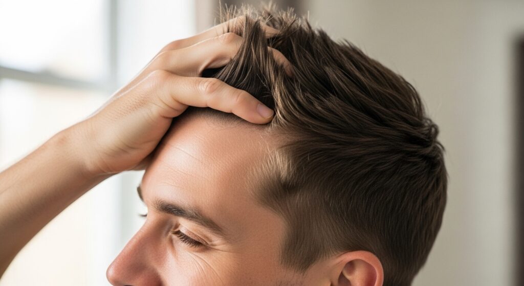 Image idea: Man running fingers through short textured hair with product.
Alt text: "Man styling textured crop using hair product with hands."