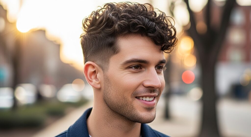 curly faux hawk fade hairstyle.