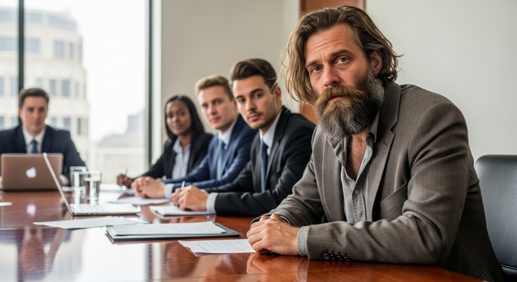 unkempt man with long beard and hair at the work table