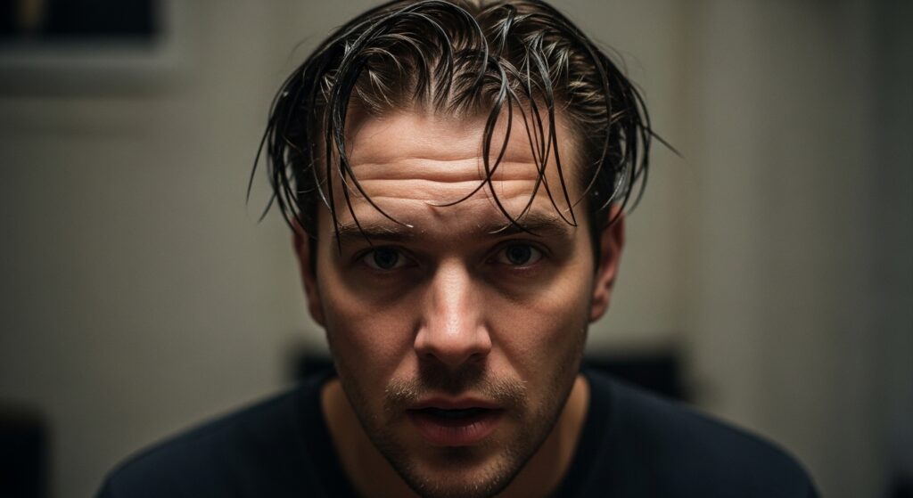 slicked back men hairstyle with too much gel close up