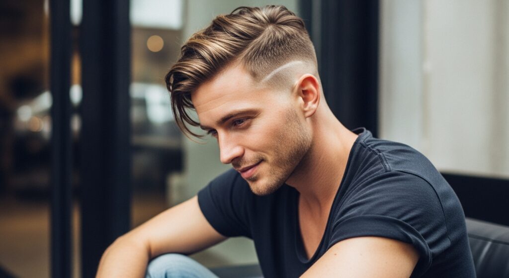Messy side swept undercut styled with matte paste, casual outfit. Alt text: Messy side swept undercut men’s hairstyle with casual finish.