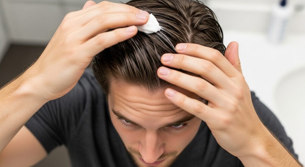 man applying styling product to medium length hair