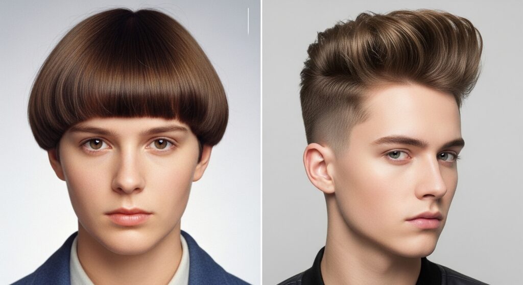 Comparison of classic bowl haircut and modern ice cream scoop hairstyle