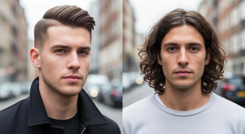 Comparison of a neat fade hairstyle with a casual long hairstyle.