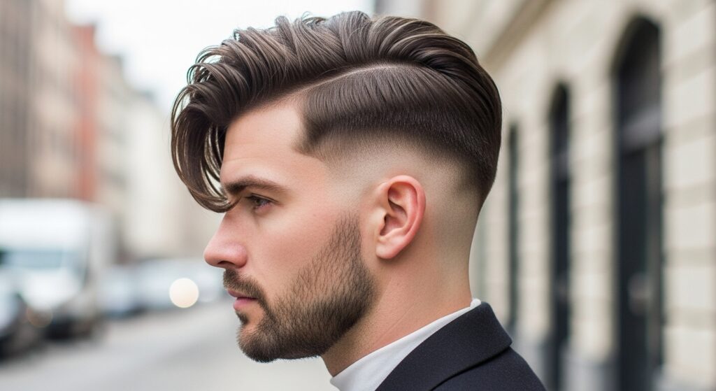 Long side swept undercut men’s hairstyle with volume.