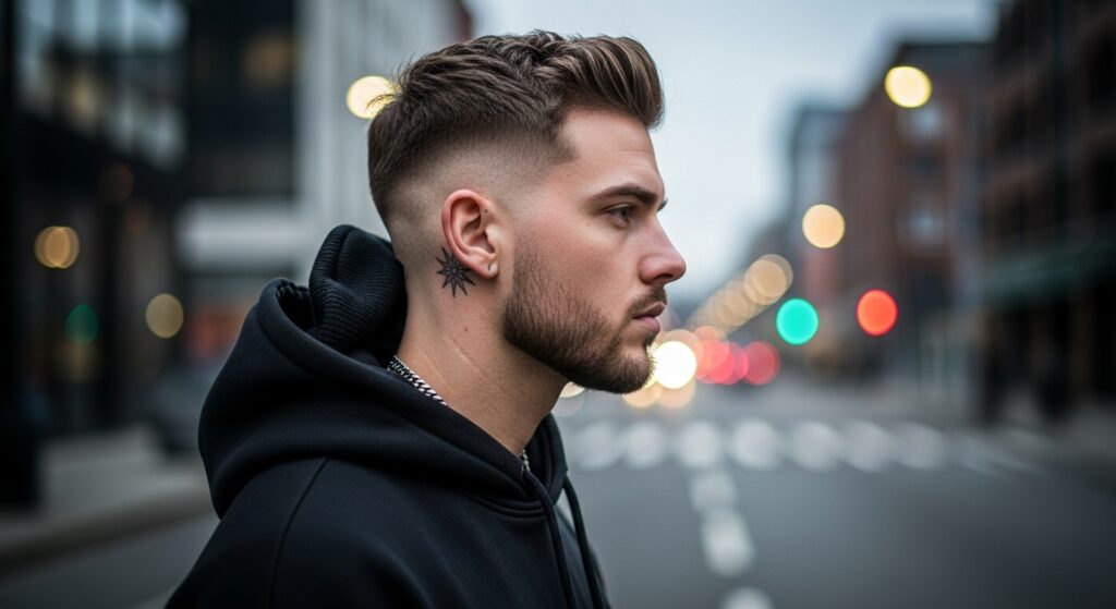 Low fade haircut on man in streetwear