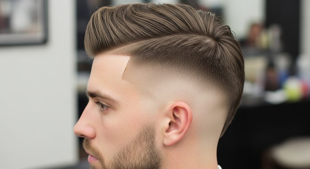 side view of taper faux hawk back haircut for men.