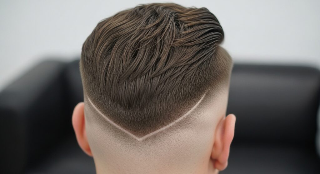Back view of side scrolled undercut hair with the sharp faded sides.